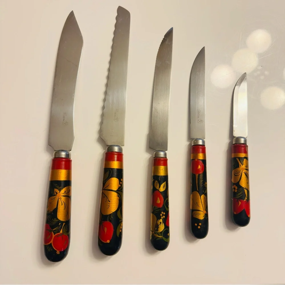 Vintage Khokhloma Knife Set USSR 5 piece decorative knife set Hand Painted